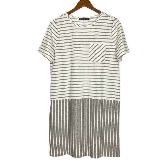 Doe & Rae | White & Gray Stripe Jersey Knit Soft Knee Length Shift Dress - Picture 1 of 8
